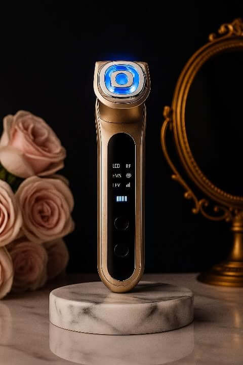 Premium 5-in-1 LED Skin Rejuvenation device on a marble stand with rose flowers in the background.