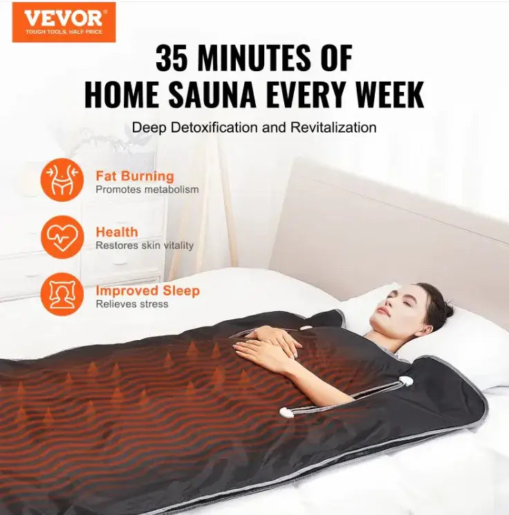 VEVOR Premium Sauna Blanket promoting health, fat burning, and improved sleep in a relaxing home environment.