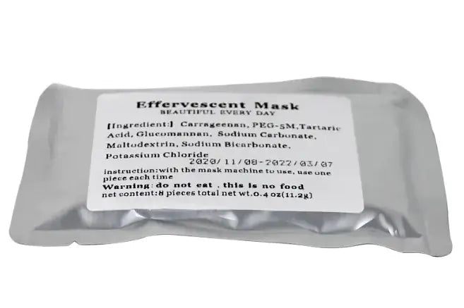 Effervescent mask packet with ingredients listed for beauty treatments, 8 pieces total, not for consumption.