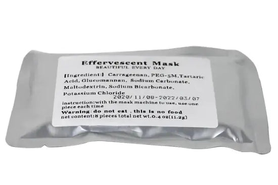 Effervescent mask packet with ingredients listed for beauty treatments, 8 pieces total, not for consumption.