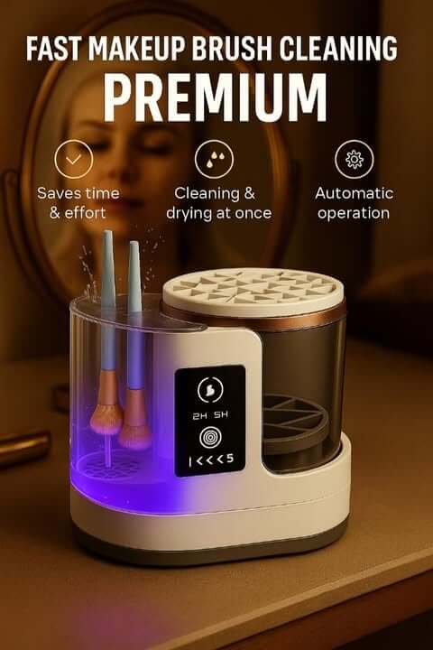 Premium makeup brush cleaner with automatic operation, saving time and effort while cleaning and drying simultaneously.