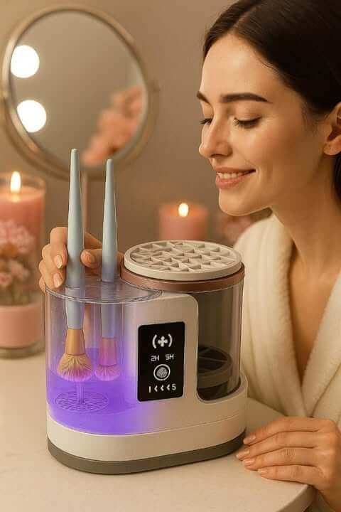Woman using Premium Makeup Brush Cleaner and Dryer with blue brushes, surrounded by candles in a cozy bathroom.