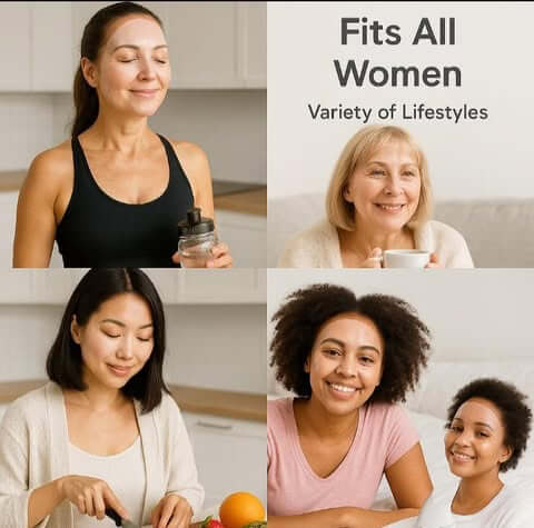 Collage of women enjoying diverse lifestyles, showcasing a product suitable for all women.