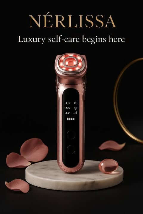Premium Nérlissa LED skin rejuvenation device on a marble pedestal with rose petals.