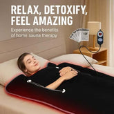 Woman relaxing in a premium sauna blanket, enjoying home sauna therapy for detoxification and rejuvenation.