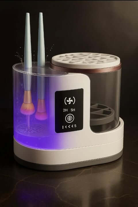 Premium Makeup Brush Cleaner and Dryer with automatic cycles and LED lights, designed for effortless brush cleaning.