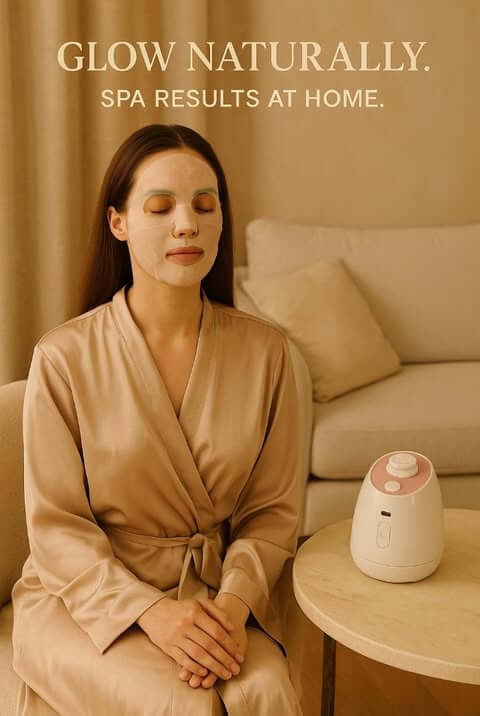 Woman in a spa robe using a collagen mask maker for glowing skin at home.