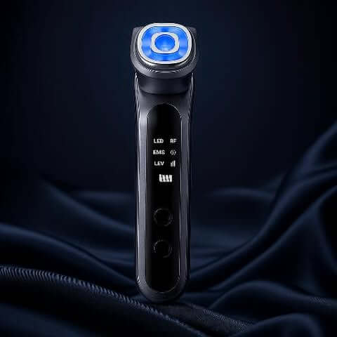 Premium 5-in-1 LED skin rejuvenation device with blue light feature on a dark background.
