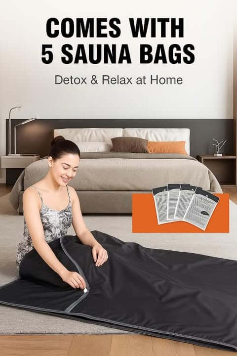 Woman using VEVOR Premium Sauna Blanket at home, featuring 5 sauna bags for detox and relaxation.