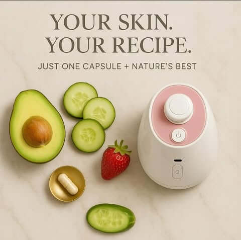 Premium-mask maker machine with fresh ingredients like avocado and cucumber on a marble surface.