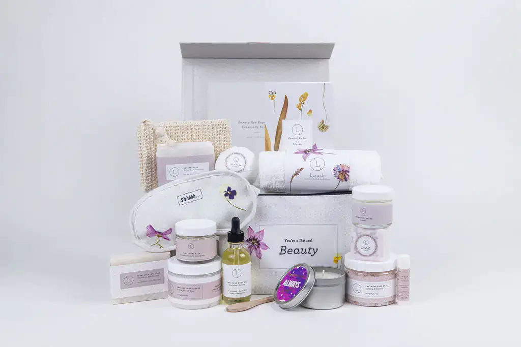 Lavender Luxury Gift Box featuring self-care products for calming and nourishing the senses.