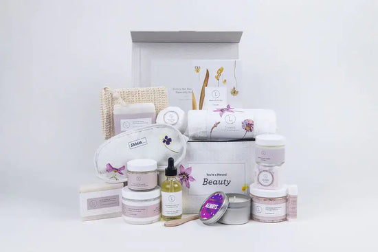 Lavender Luxury Gift Box featuring self-care products for calming and nourishing the senses.