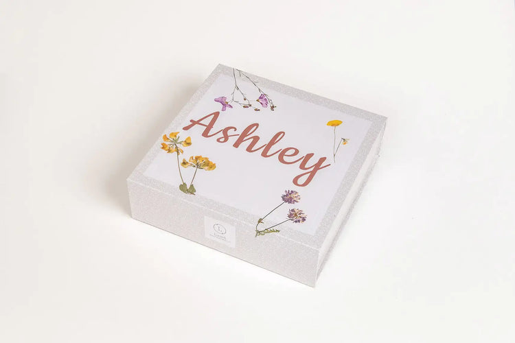 Lavender Luxury Gift Box adorned with flowers, personalized with the name Ashley, perfect for gifting and self-care.
