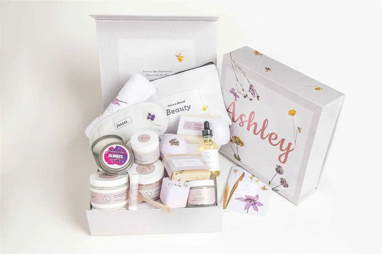 Lavender Luxury Gift Box open with self-care products, ideal for gifting or personal relaxation.