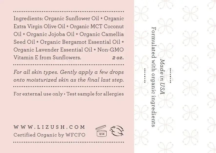 Organic facial oil ingredients list, including sunflower oil and essential oils, for all skin types.
