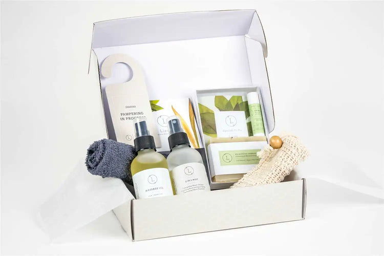 Soul Touch Massaging Set in a beautifully packaged box with skincare products and accessories.