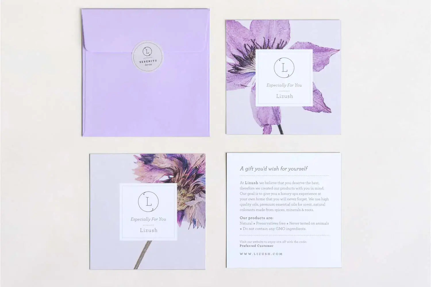 Lavender themed luxury gift box contents featuring elegant cards and a purple envelope for a self-care experience.
