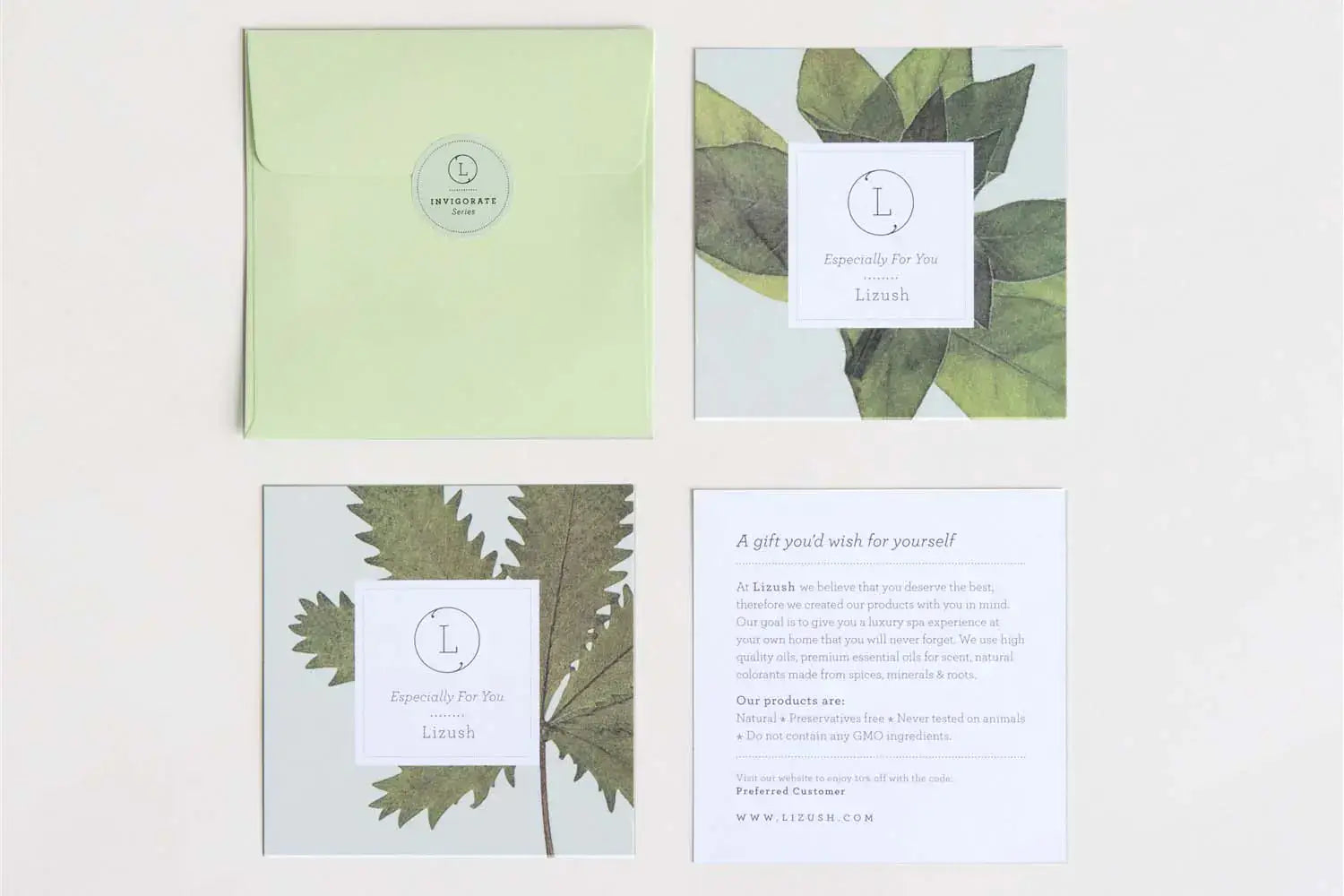Gift packaging design featuring botanical illustrations and a green envelope, ideal for self-care products.