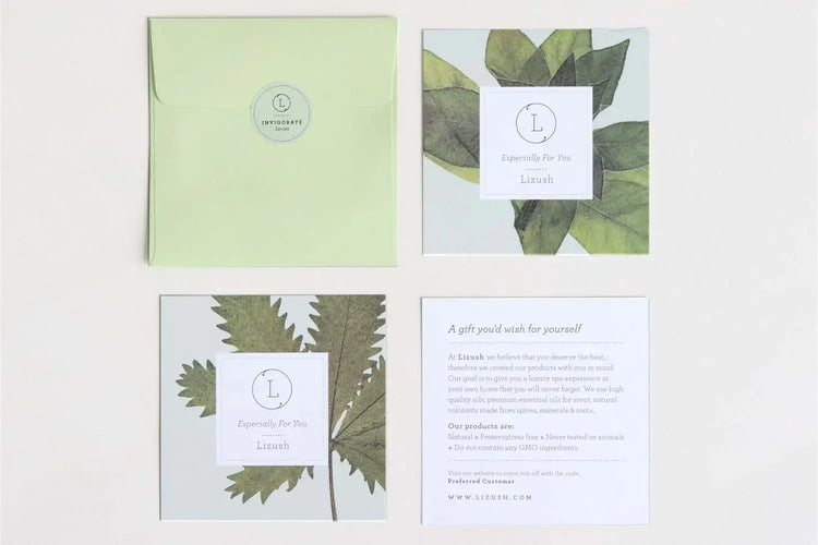 Gift packaging design featuring botanical illustrations and a green envelope, ideal for self-care products.